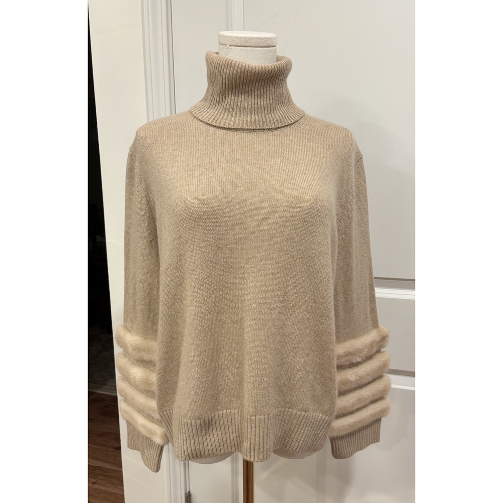 Lafayette 148 New York Luxury Cashmere & Mink Fur Cuff Turtleneck Sweater Size S